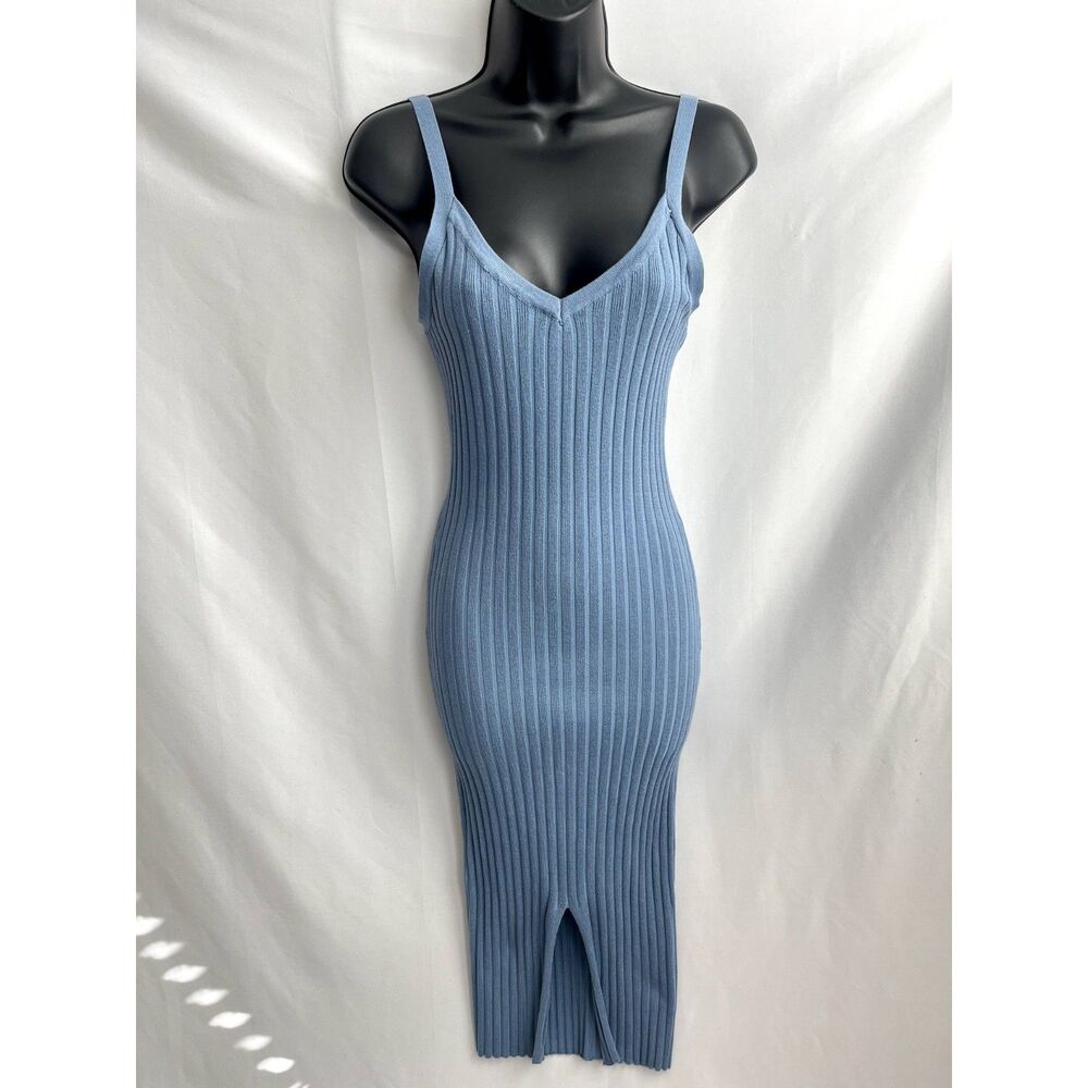 Active USA Blue Midi Dress Size M Knit V Cutout Front Slit Bodycon Barbiecore